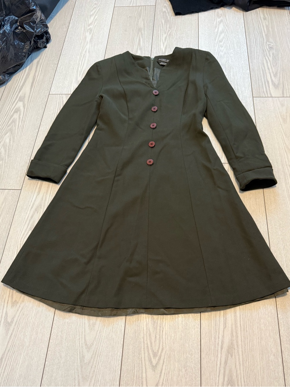 Alfred Sung 8 vintage wool olive green button dress long sleeve flared classic